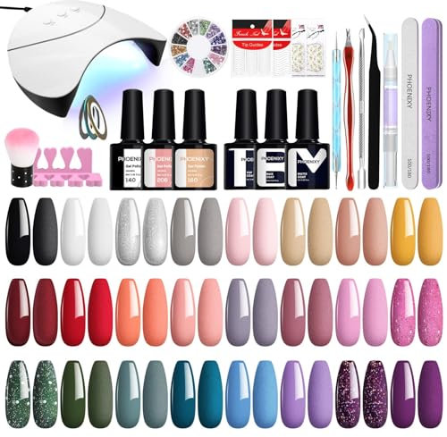 Phoenixy Kit Semipermanente Unghie 24 Colori Kit Unghie Gel Completo con Lampada U V/LED Set Semipermanente Unghie con Base e Top Coat Bleu Violet Noir Rouge per Principianti