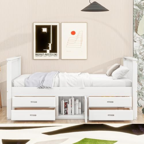 Skcess 90X200 cm Podestbett, Kinderbett, Podestbett Mit 4 Schubladen, Mit Stauschrank, Weiß