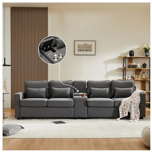 Sofá moderno de 4 plazas de tela de lino con consola, 2 portavasos, 2 puertos USB de carga con cable, con bolsillos en los reposabrazos y 4 cojines, sofá simple para sala de estar, hogar, gris oscuro