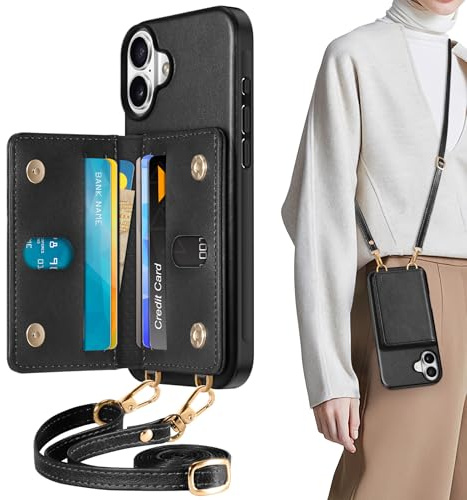 TUCCH Handyhülle für iPhone 16 Plus, Schutzhülle, Lederhülle, Schwarz | Brieftasche mit Band, Handytasche, RFID Blocker, 6 Kartenfächern, abnehnmbare Umhänggurt, Kompatibel mit iPhone 16 Plus