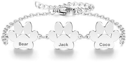 Personalised Dog Paw Charm Bracelet in Silver, Rose gold, and Gold. Customised 1, 2 or 3 paws Design Engrave Pet Name Hand Finished in the UK Christmas Gift