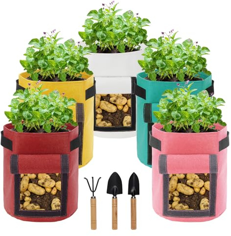 5 Pack 10 Gallon Potato Grow Bag, Potato Planting Bag, Colorful Plant Grow Bags with Handles, Garden Planter Pots with Harvest Window for Potatoes, Carrots, Tomatoes with Tools, Mixed Color 2