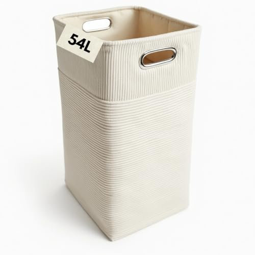 WÄSCHESACK 54L – Cord - Schmaler Wäschesammler für Schmutzwäsche mit moderner Optik, faltbar & tragbar, ideal für Bad, Kinderzimmer – Perfekte Wäschebehälter für Ordnung & Aufbewahrung (Beige)