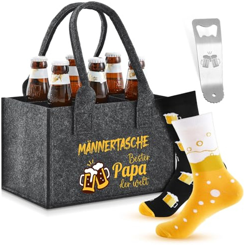 SATINIOR Bier Geschenke für Vatertag Papa 24 x 15 x 15 cm Männerhandtasche aus Extra Dickem Filz mit 6 Fächern und Lustige Bier Socken Flaschenöffner Flaschenträger für Geburtstag Männertag Herren