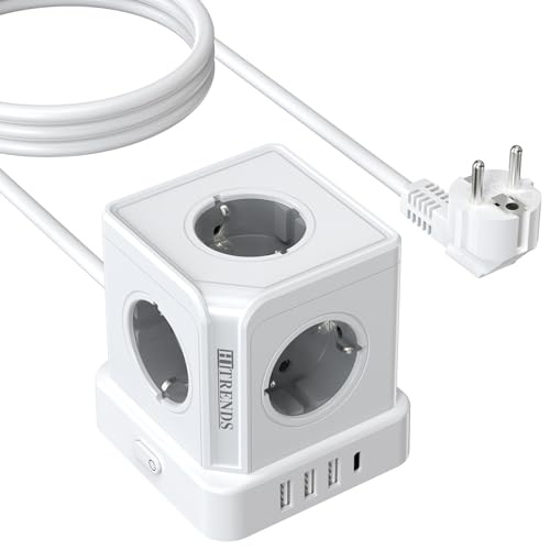 HITRENDS Tour de prise avec USB et type C, multiprise 5 prises avec interrupteur, 3 USB-A et 1 USB-C, câble de 2 m, cube de prise blanc pour bureau, maison
