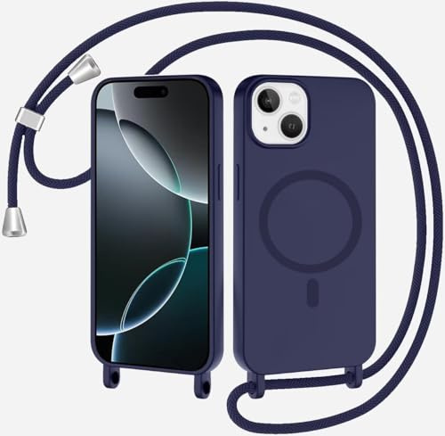 SLWYF Magnetische Handykette für iPhone 15 Hülle mit Band, Handyhülle Kompatibel mit MagSafe, Silikon Seil Necklace Handyhülle PU Stoßfest mit Abnehmbar Kordel zum Umhängen Case - Dunkelblau