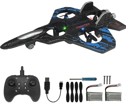 SZJMAO RC Plane for Kids and Beginners, 2.4GHz Form Drone Remote Control Airplane Outdoor Flying Toy, 360° Drop-Resistant Stunt Spin Remote Fighter Jet with Lights (Blue)
