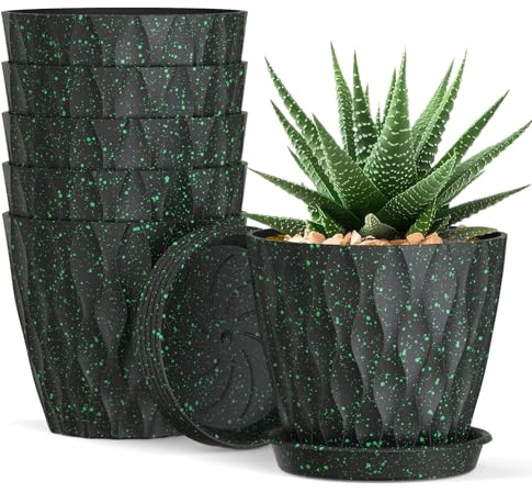 Macetas de 10 cm, paquete de 6 macetas de plástico con agujeros de drenaje y platillos, macetas de interior y exterior para plantas suculentas y todas las plantas de casa (color negro con manchas