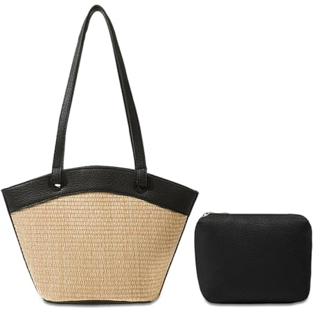 Mabecol halm strandväska dam, pysselväska sommar medelstor, axelväska boho, halmväska med kosmetikväska, vävd korgväska för strand, semester, resor, vardag, svart
