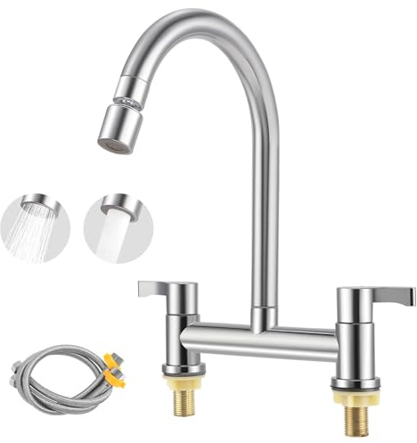 Kitchen Mixer Taps, 2 Hole Bridge Mixer Tap UK Standard, Cold and Hot Mixer Tap with 360 Swivel Spout and Dual Spray Modes, Taps Mixer Deck Mounted, Tap Sink for Kitchen Bathroom (2)