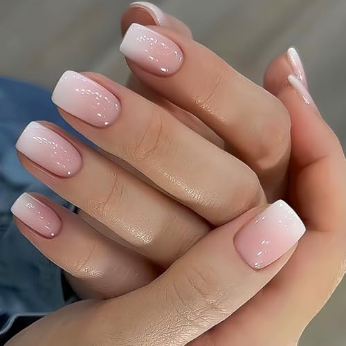 ZILZUFA 24 Pezzi Press On Nails Corto, Quadrato Finto Unghie Press On Gel French Fake Nails Riutilizzabili Copertura Completa, Unghie Finte Adesive Acrilico per Donne e Ragazze (Naturale)