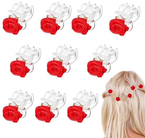 AOEVUIR 10 Pinzas de Pelo con Flores de Rosas, Elegantes Horquillas con Pequeñas Flores para Bodas, Adornos de Pelo para Mujeres y Niñas, Rojo