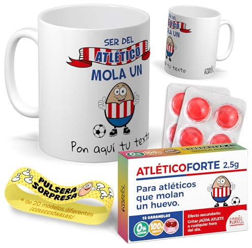 Kit regalo personalizado para aficionados del Atlético de Madrid | Taza personalizada Ser del Atlético mola un huevo + Caramelos divertidos + Pulsera sorpresa | Regalo para Colchoneros.