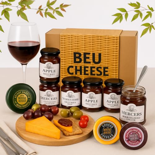 Cheese Hampers Gift Set - 3x Cheeses Truckle Selection, 6x Chutney and Card - Cheeseboard Gift Set, Cheese Selection Box, Teachers Gifts for Men & Women, Birthday Hamper, Fathers Day Hamper