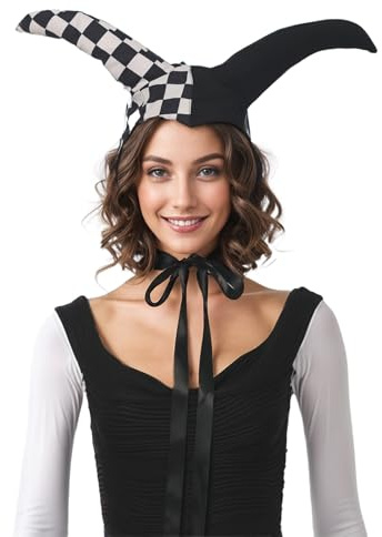UniqKaliber Christmas Jester Collar and Hat Set Checkered Victorian Clown Choker with Jingle Bells Costume Accessory