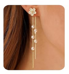 MUMREUES Ohrringe Gold Hängend 14 Karat Vergoldet Ohrringe Damen Stecker Blume Perle Quaste Lange Hypoallergen Wasserfest Minimalist Schmuck Geschenke