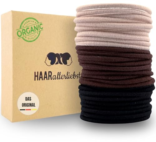 Hårallerkärlek hårsnodd för kvinnor set om 30 – hårsnoddar mjuka utan metall av ekologisk bomull och naturgummi – flätgummi beige brunt och svart för starkt grepp – skonsamt mot hår och miljö