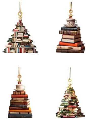 4 Pezzi di Decorazione per Albero di Natale, 2D Piatto in Acrilico Ornamento a Forma di Libro di Natale, Albero di Natale a Forma di Libri Impilati Decorazione da Appendere, Gancio per Libreria