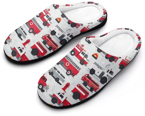 Firefighter Fire Trucks Men's House Slippers Memory Foam House Shoes with Rubber Soles for Women