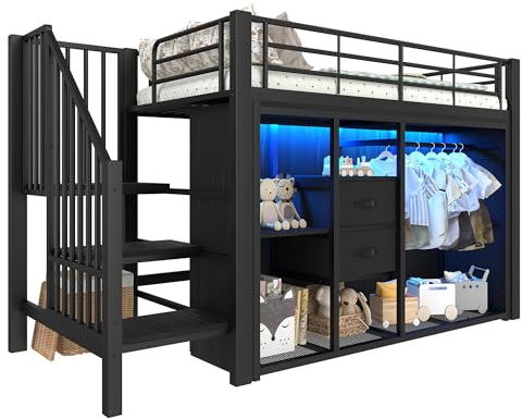 SOFTWEARY Hochbett mit Kleiderschrank, RGB LED-Streifen, Lattenrost, Treppe, Regal, Schubladen und Kleiderstange, Kinderbett mit Rausfallschutz, Metallbett (schwarz, 90x200 cm)