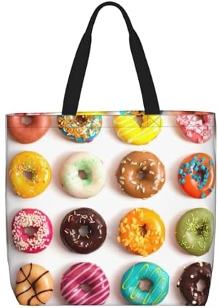 Uusnwaa Borsa tote da donna con stampa di diversi sapori di ciambelle, borsa a tracolla, borsa per la spesa riutilizzabile, chiusura con cerniera superiore, elementi essenziali quotidiani