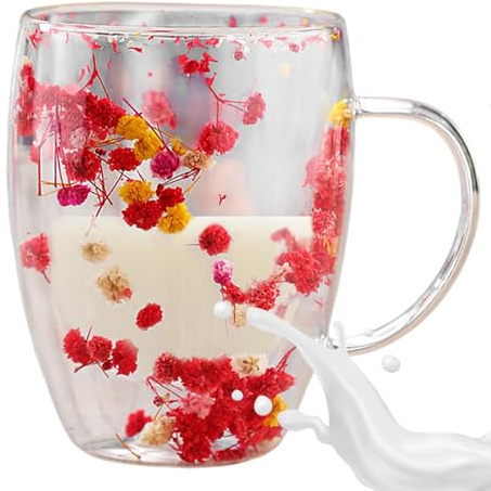 Generisch da caffè a doppia parete - in, contenitore per bere di protezione termica | Impugnatura comoda Design anti-scottatura estetica trasparente Fiori secchi integrati Bevanda