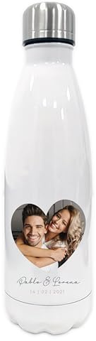 Botella Térmica Personalizada con Foto, nombres y fecha, Blanca, Acero Inoxidable, Diseño Corazón, Regalo Romántico, san valentín