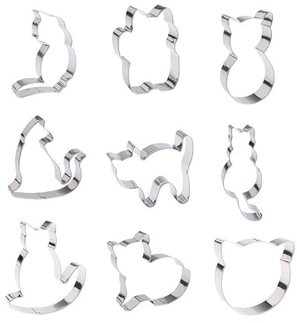 9 Piece Cat Cookie Cutters Set - Stainless Steel Kitten Biscuit Cutters for Baking, Fondant, Sandwiches - Cute Animal Shapes Moulds for Party, Birthday & Cat Lovers - Dishwasher Safe