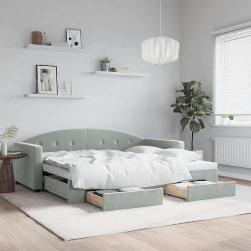 Fecpoo WGYHOME utdragbar dagsäng, med förvaringsutrymme, sammet, ljusgrå, 222 x 100 x 75 cm, 2 lådor, 2-madrasssäng för vuxna
