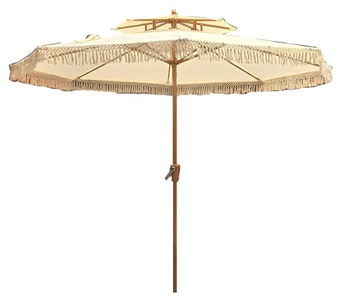 Générique Parasol De Jardin Double Toit Ø2,0M Beige avec Franges Protection UV Imperméable Polyester Inclinable 8 Baleines Parasol Extérieur pour Terrasse Balcon Plage Mariage
