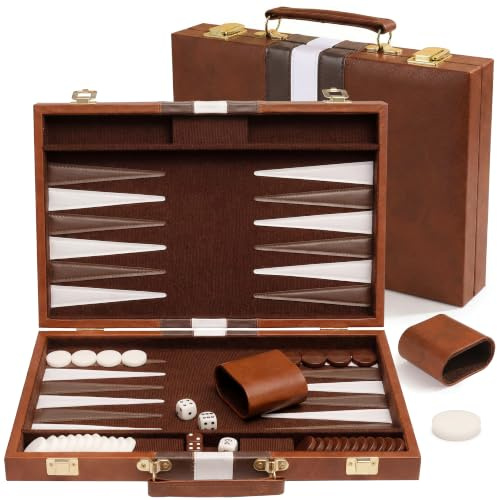 PUYUKO Backgammon Set för 2 Spelare Vikbart Backgammonspel i PU-Läder, 11 Rese Backgammon med 30 Spelpjäser, 4 Tärningar, Fördubblingstärning och 2 Tärningskoppar (Brun-15)