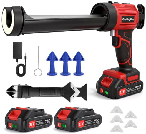 Ykall Cordless Caulking Gun with 2 Batteries | 2940N Max Thrust, 4-Speed Adjustable, LED Light, Anti-Drip, 3-in-1 Finishing Tool Kit, UK Charger Included