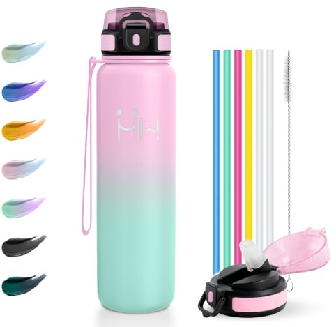 Botella Térmica 1 Litro Con Pajita, Botella Agua Acero Inoxidable, Sin BPA y A Prueba de Fugas, Fácil de Abrir, Cantimplora Gimnasio Para Bicicleta, Running, Oficina y Coche