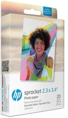 HP Sprocket 2.3 x 3.4 Premium Zink Sticky Back Photo Paper (20 Sheets) Compatible with HP Sprocket Select and Plus Printers.