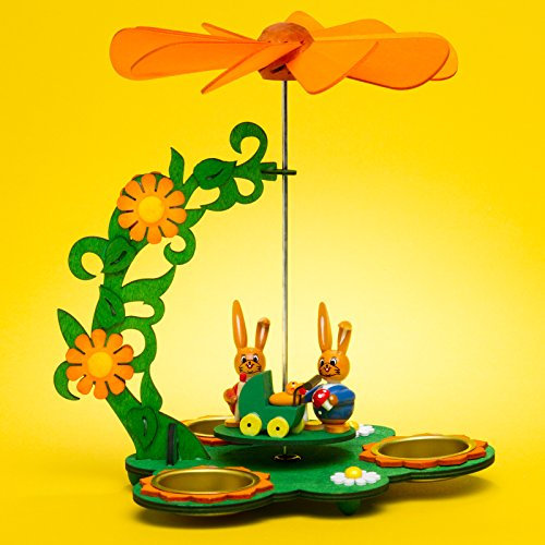 Sikora OD05 Osterdeko Holz Teelicht Tischpyramide mit Osterhasen Figuren, Farbe/Modell:A1 Osterhasen Familie orange/grün