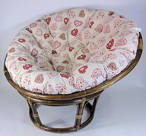 Rattan Papasansessel,Papasan Durchmesser 110 cm, Fb. Darkbrown, Polster Mirha Leinen Herz