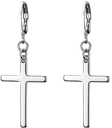 Flongo - Pendientes largos en forma de cruz, hechos de acero inoxidable, color dorado/plateado/negro, estilo hip hop, unisex, 1 par plateado