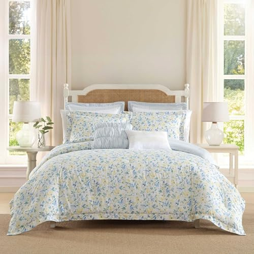 Laura Ashley - King Comforter, Soft Reversible Bedding Set, Includes Matching Shams with Bonus Euro Shams & Throw Pillows, Farmhouse Home Decor (Nora Blue, King)