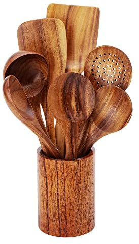 FJNATINH Holz Kochbesteck-Set mit Halter,Pfannenwender Schaumlöffel Holzwender Servierlöffel Rührlöffel Suppenschöpflöffel Öllöffel-7 Stück aus natürlichem Teakholz Küchenutensilien Set