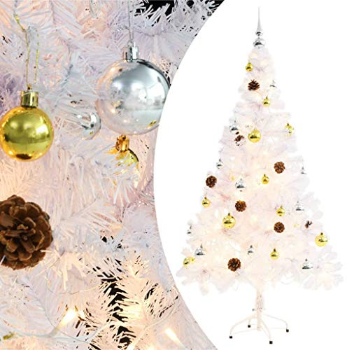 vidaXL Künstlicher Weihnachtsbaum mit Kugeln LEDs Tannenbaum Christbaum Dekobaum Kunstbaum Weihnachten Dekoration Weihnachtsdeko Weiß 150cm