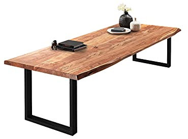 SAM Esszimmertisch 240x110 cm Valin, Akazienholz naturfarben & massiv, Baumkantentisch mit U -Gestell aus Metall Mattschwarz, echte Baumkante, Platte 50mm