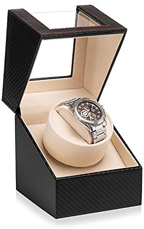 Efaithtek Automatic Single Watch Winder in Black Carbon Fiber Leather with Japanese Quiet Motor，AC Adapter or Battery Powered