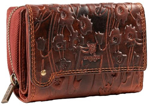 MATADOR Leder Portemonnaie Damen Mittelgroß #Perth mit edler Geschenkverpackung, Leder Geldbörse Damen Mittelgroß im Querformat, RFID Geldtasche Frauen Geldbeutel Mittelgroß, Blumen Braun