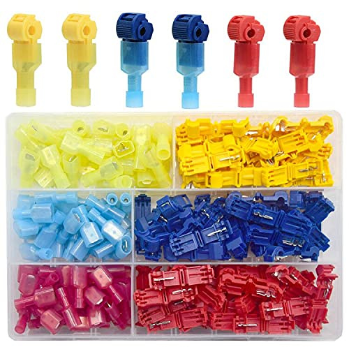 Ruidee 200 Pcs T-Tap Connectors Quick Splice Wire Terminals Self-Stripping Insulated Male Quick Disconnect Spade Terminals Assortment Kit（U/NLSZ）