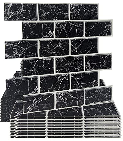WoStick 10-Stück Klebefliesen Fliesen Marmor Küchenrückwand Platte Selbstklebende Schwarz Küche (30,5 x 30,5 cm)