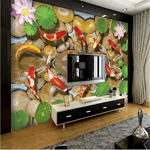 Fotomurale Personalizzata Carta Da Parati Nove Pesci Figura Lotus Carp Carpa Pietra Sfondo Decorazione Della Parete 200Cm(W)×140Cm(H)
