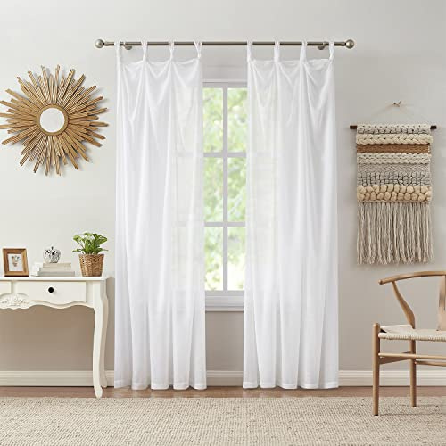 Indigo Ink - Curtain, Sheer Curtain Panel, Window Treatment with Tie Top, Dorm Essentials, Knotted Loops Design, Boho Inspired Home Decor (Mia Collection, White, 70 x 95)