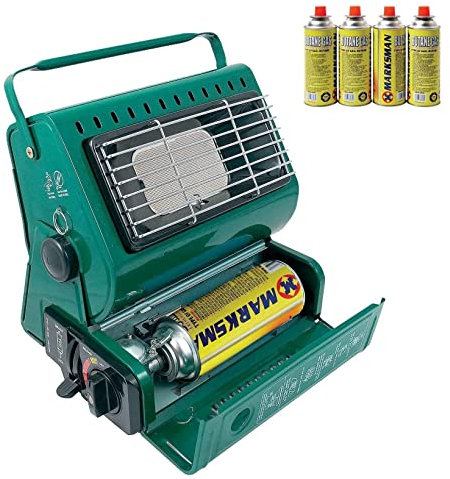 1.3KW Camping Wood Stove Portable Heater & Butane Gas Canisters Lightweight Safety Grill Automatic Ignition Temperature Control Caravan Outdoor Fishing Party Green (Heater + 4 Gas Canister)