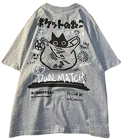 Gothic Oversized Printed T-Shirt Harajuku Street Trend Men and Women's Personality Loose Print Punk Short Sleeve (Grey,M)