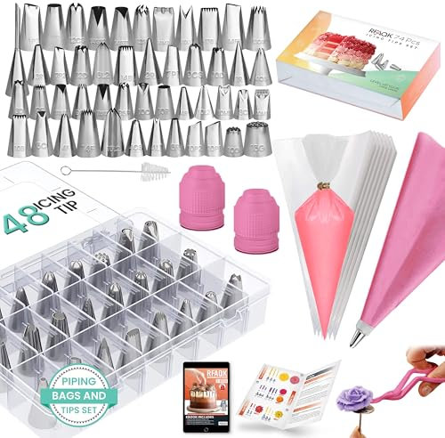 RFAQK 74 PCs Icing Piping Bags and Tips Set, Cake Decorating Kit with 48-Numbered Piping Tips, 20+1 Pastry Bags for Cookie Cupcake Cake Decoration, with Booklet and E-book (Pink)